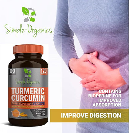 Turmeric Curcumin with Bioperine, Black Pepper Extract for Absorption, Natural Joint Support and Overall Health, 1500mg per Serving, 120 Vegan Capsules