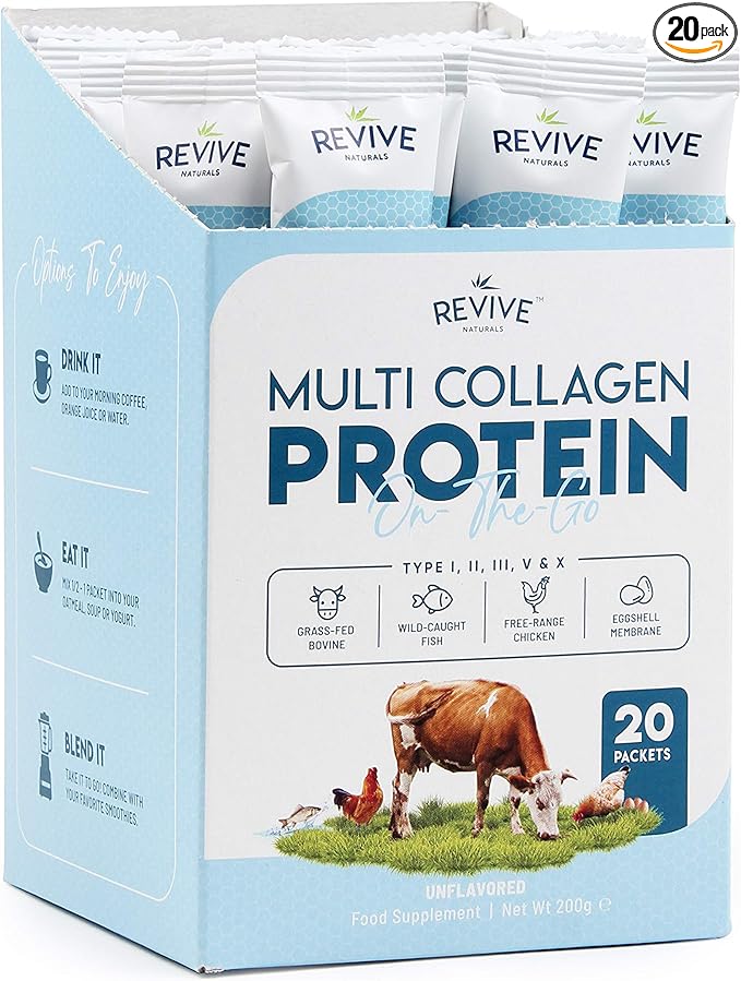 Multi Collagen Protein Powder Packets - Types I, II, III, V & X - Hydrolyzed Grass Fed Bovine, Wild Caught Fish, & Free-Range Chicken & Eggshell Collagen. Non-GMO, Halal, (10g Each, 20 Packets)
