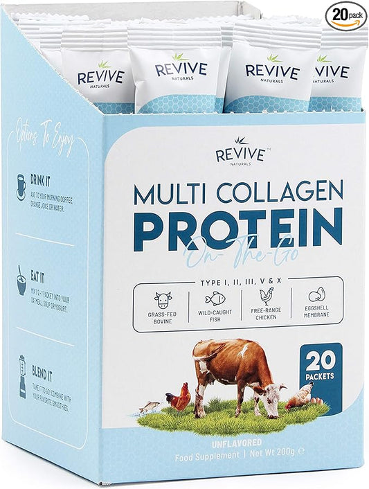 Multi Collagen Protein Powder Packets - Types I, II, III, V & X - Hydrolyzed Grass Fed Bovine, Wild Caught Fish, & Free-Range Chicken & Eggshell Collagen. Non-GMO, Halal, (10g Each, 20 Packets)