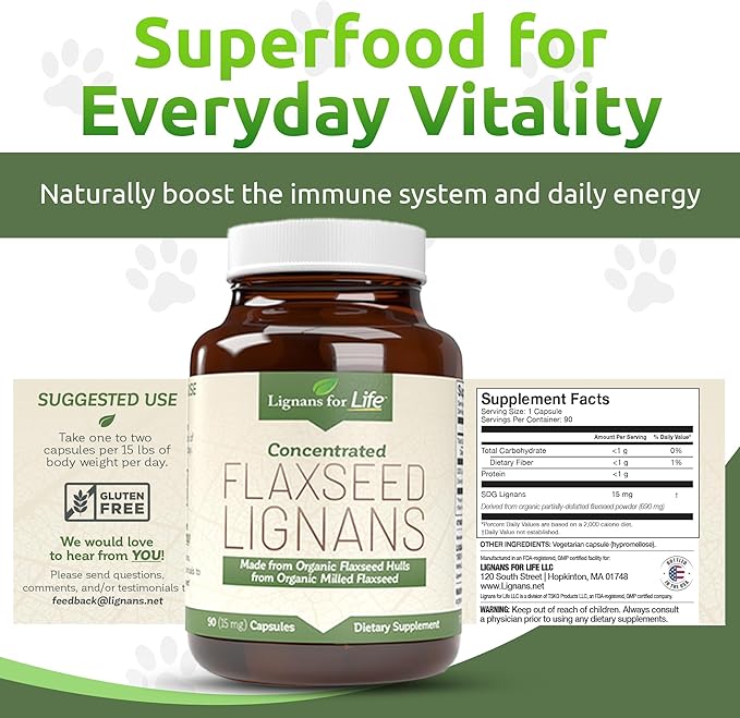 Lignans For Life Flaxseed Lignans for Dogs & People - Organic Flaxseed Supplement for Hormone Support, 15mg 90 Capsules, Flax Seed for Dogs & Women, High-Fiber