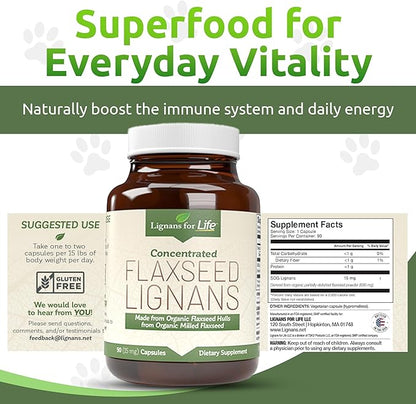 Lignans For Life Flaxseed Lignans for Dogs & People - Organic Flaxseed Supplement for Hormone Support, 15mg 90 Capsules, Flax Seed for Dogs & Women, High-Fiber
