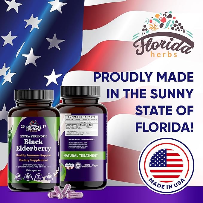 Black Elderberry Capsules | 180 Count | Sambucus Elderberry Vitamins, Non-GMO, Gluten Free, Organic Elderberry Extract Sambucus Nigra