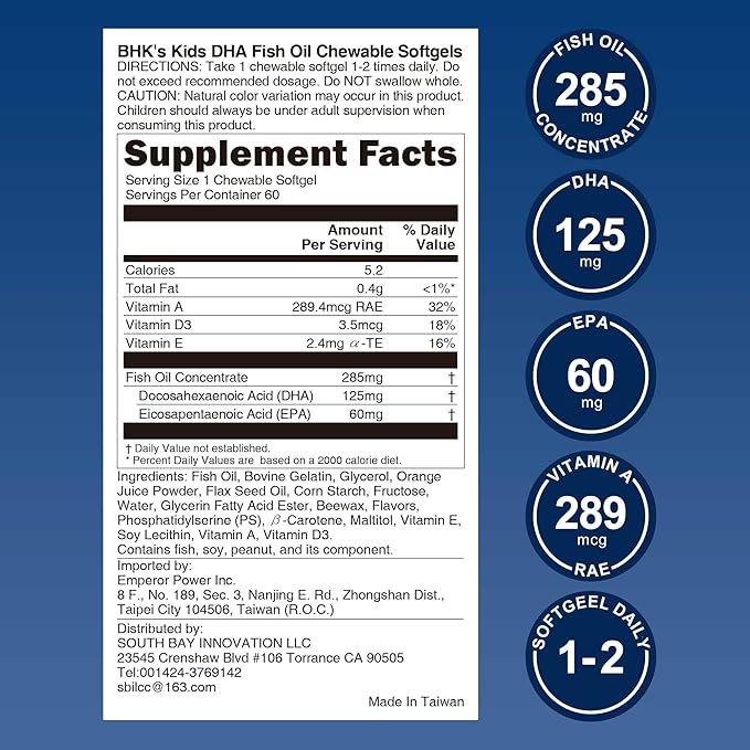 BHK's Kids Chewable Fish Oil, Omega 3 with EPA & DHA for Children, Support Brain Development & Learning Function, Eye & Immunity Health, 60 softgels