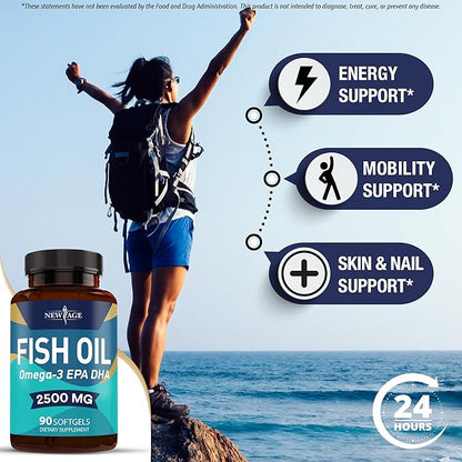 NEW AGE Omega 3 Fish Oil Supplement Immune & Health Support – Promotes Joint, Eye & Skin Health - Non GMO - EPA, DHA Fatty Acids Gluten Free (90 Softgels (Pack of 1))