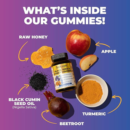 Sakoon nutrition Black Seed Oil Gummies with Honey and W/ 2%+ THYMOQUINONE - Nigella Sativa Seeds - Super antioxidant for Immune Support, Joints, Digestion, Hair & Skin - 60 Gummies