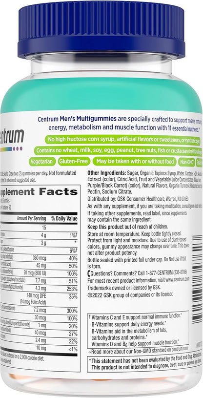 Centrum Men's Multivitamin Gummies, Immune, Energy, Healthy Appearance Support, 100 Count, 50 Day Supply