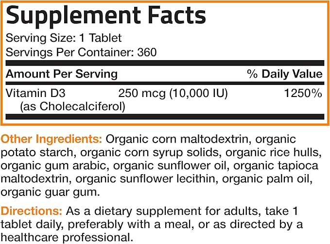 Bronson Vitamin D3 10,000 IU (250 mcg) Immune Support, Healthy Muscle Function & Bone Health, High Potency Organic Non-GMO Vitamin D Supplement, 360 Tablets