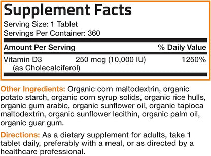 Bronson Vitamin D3 10,000 IU (250 mcg) Immune Support, Healthy Muscle Function & Bone Health, High Potency Organic Non-GMO Vitamin D Supplement, 360 Tablets