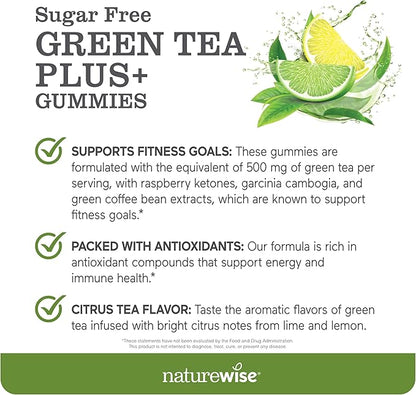 NatureWise Green Tea Gummies - Keto, Sugar Free - Supports Fitness Goals for Women & Men - 500mg Green Tea + Raspberry Ketones, Garcinia Cambogia - Vegan, No Gluten - 90 Count[45-Day Supply]