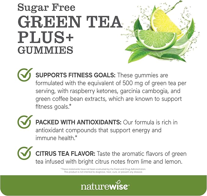 NatureWise Green Tea Gummies - Keto, Sugar Free - Supports Fitness Goals for Women & Men - 500mg Green Tea + Raspberry Ketones, Garcinia Cambogia - Vegan, No Gluten - 180 Count[3-Month Supply]