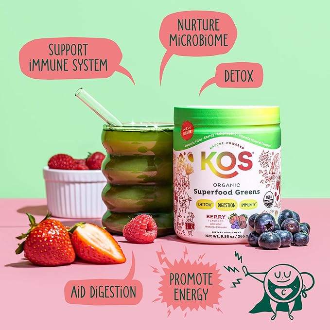 KOS Organic Superfood Greens Powder - Gut Health from Prebiotic Fiber, Supergreens and Adaptogens - USDA Certified Organic, Made in a GMP Certified Facility - 28 Servings Berry