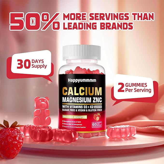Calcium Magnesium Zinc Gummies with Vitamin D3 & K2 Strawberry-120.