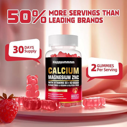 Calcium Magnesium Zinc Gummies with Vitamin D3 & K2 - High Potency Enhanced Absorption -60 Strawberry Gummies Flavored.