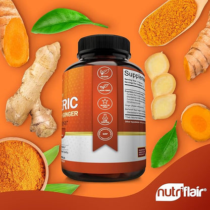 NutriFlair Turmeric Curcumin with Ginger and BioPerine Black Pepper Supplements, 180 Capsules - 95% Curcuminoids - Joint Support, Antioxidant, Anti Aging - Natural, Non-GMO, Vegan Best Maximum Potency