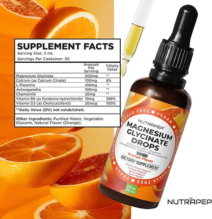 Liquid Magnesium Glycinate Drops Supplement - 500mg Cortisol Complex with L-Theanine Ashwagandha Vitamin B6 Chamomile - Wellness Sleep Stress Mood Support for Adults Men Women