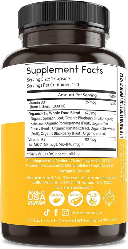 Thomas' all-natural Remedies D3 + K2 with MCT Oil for Better Absorption & Raw Whole Food Blend, 1000 IU D3, Vegan, Made in USA, Support for Your Heart, Bones & Teeth, Non-GMO (120ct)