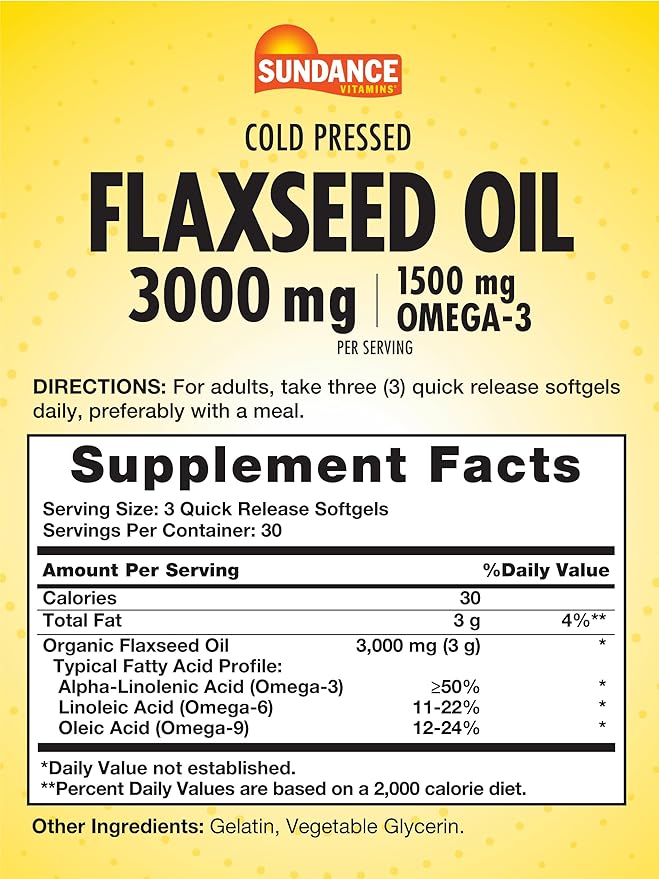 Sundance Flaxseed Oil 3000mg | 90 Softgels | with 1500mg Omega-3 | Cold Pressed | Non-GMO and Gluten Free Supplement