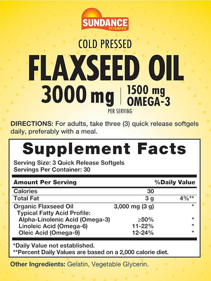 Sundance Flaxseed Oil 3000mg | 90 Softgels | with 1500mg Omega-3 | Cold Pressed | Non-GMO and Gluten Free Supplement