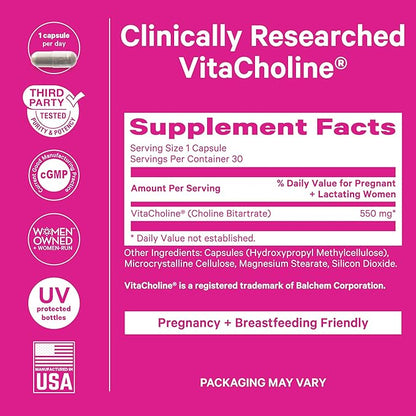 Pink Stork Choline - 550 mg Choline Bitartrate from VitaCholine for Pregnant + Postpartum Moms - Prenatal Vitamin for Fetal Cognitive Health + Breast Milk Quality - 1 Capsule Daily, 30 Count