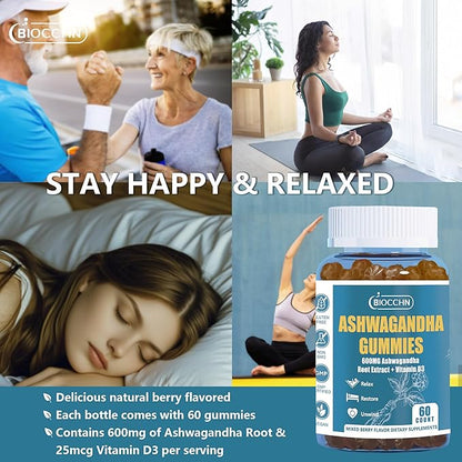 Ashwagandha Gummies ＆ Vitamin D3, Aswangdha Extract Supplement for Women Men(Non-GMO & Gluten Free,Sugar Free)