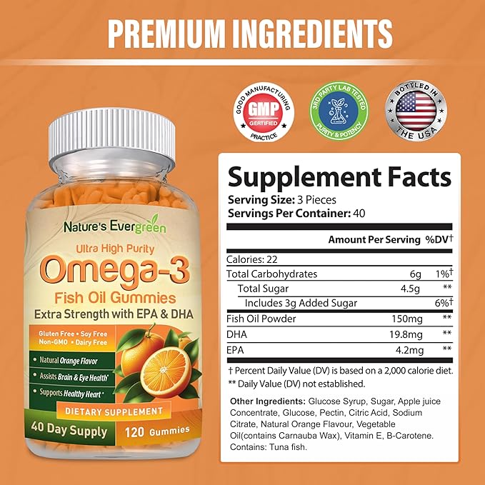 Extra Strength Omega 3 Fish Oil Gummies with DHA & EPA | Ultra High Purity Omega 3 Gummy Supplement for Healthy Heart, Joint & Brain Support | Nature's Vitamins, Orange Flavor | 120 Gummies