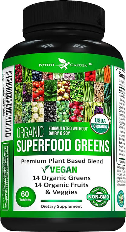 Potent Garden Organic Superfood Greens, Fruit and Veggies Supplement Rich in Vitamins & Antioxidants with Alfalfa, Beet Root & Tart Cherry to Boost Energy, Immunity & Gut Health, Greens Tablets 60 Ct