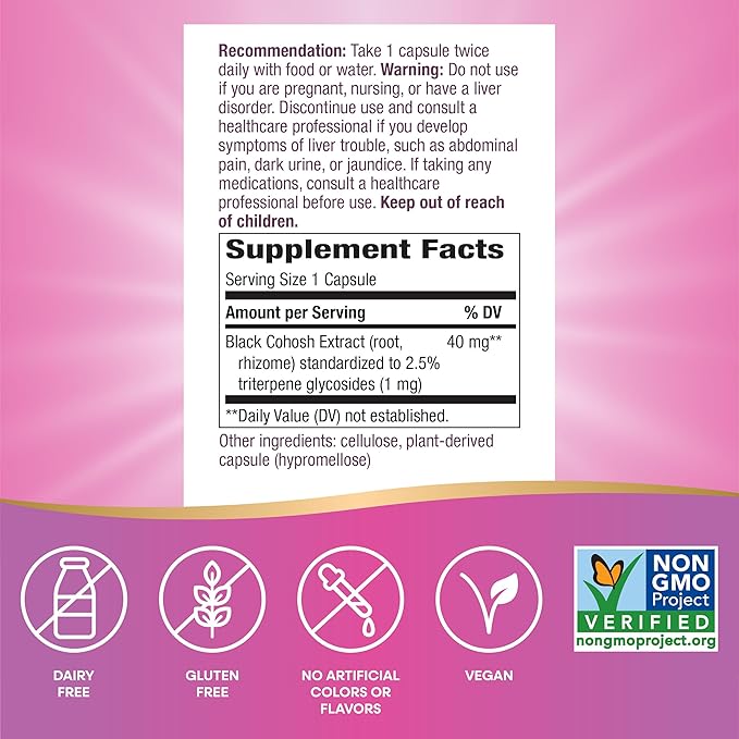 Nature's Way Premium Black Cohosh, Menopause Support for Women*, 40 mg per serving, 120 Vegan Capsules