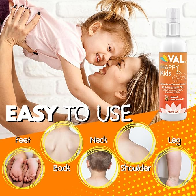 VAL Magnesium Oil Spray for Kids | Relaxation for Daytime & Bedtime | Calm & Mood Support | Zechstein Magnesium Chloride, Chamomile, Aloe & Essential Oils | No Itch, Fast-Absorbing | USA Made | 4oz