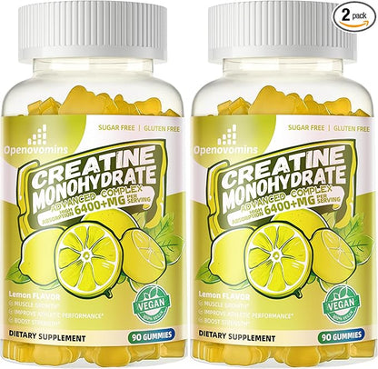 Creatine Monohydrate Gummies Complex 6400mg for Men & Women -Advanced Formula W/L-Taurine + Vitamin B12, Sugar Free Chewable Supplement,180 Lemon Gummies 2pack
