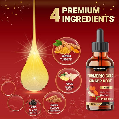 4in1 Liquid Turmeric Curcumin Drops Extract with Ceylon Cinnamon, Ginger and Black Pepper for Joint Support - 2FL oz - 60 Servings