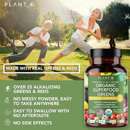 Plant.O Organic Super Greens [Fruit & Veggie Supplement] High Absorption Antioxidants from Green Powder with Alfalfa, Beet Root, Tart Cherry for Immune Support, Gut Health, Energy, 60 Veggie Tablets