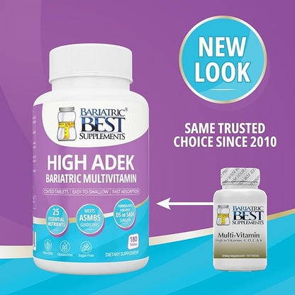 High A D E K Bariatric Multivitamin for Post DS/SADI Surgery, 25 Essential Nutrients for Post-Weight Loss Surgery, 180 Tablets, Meets ASMBS Guidelines for Bariatric Bypass