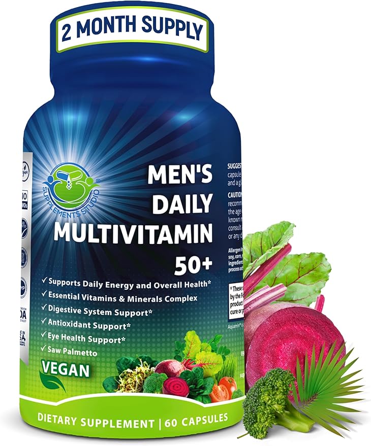 Men's Daily Multivitamin 50 Plus - Vegan Methylated Multivitamin for Men 50 and Over - Saw Palmetto, Biotin, Organic Superfoods, Lutein - Eye, Energy, Gut, Health Support - Easy to Swallow Capsules