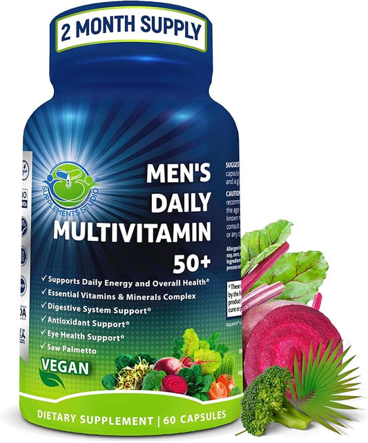 Men's Daily Multivitamin 50 Plus - Vegan Methylated Multivitamin for Men 50 and Over - Saw Palmetto, Biotin, Organic Superfoods, Lutein - Eye, Energy, Gut, Health Support - Easy to Swallow Capsules