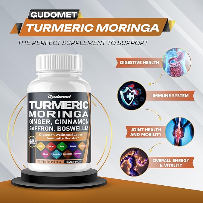 Turmeric Moringa Ginger Boswellia Quercetin Cinnamon Saffron Tart Cherry Odorless Garlic Nettle -150 Capsules- Made in USA