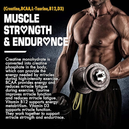 Creatine Monohydrate Gummies for Men & Women - with BCAA, Collagen Peptides, L-Taurine, Vitamin B12, D3, Chewables Creatine Monohydrate 5g Per Serving, Natural Lemon Flavor, Sugar Free, 2 Pack