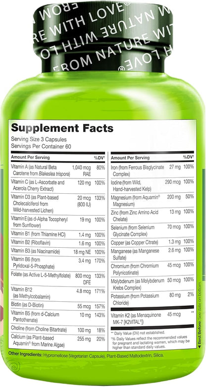 NATURELO Prenatal Multivitamin with Gentle Chelated Iron, Methyl Folate, Plant Calcium & Choline - Vegan, Vegetarian - Non-GMO - Gluten Free - 180 Capsules - 4 Month Supply (Pack of 2)