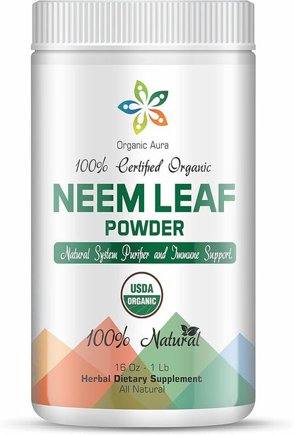 Organic Aura Neem Leaf Powder (Azadirachta Indica). 100% Pure Neem, Raw and Green. USDA Certified Organic Neem for Immune Support, Skin, and Hair. Naturall Source of Antioxidants and Detox.