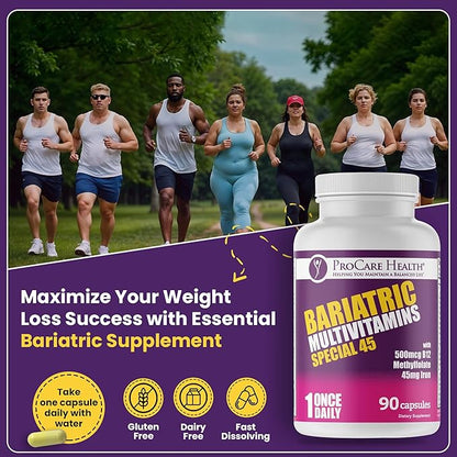 ProCare Health Bariatric Multivitamin with Iron (90 Capsule) - 45mg Iron with Reduced B12 - Post Op Bariatric Vitamins for Gastric Bypass Sleeve Patients, Sustains Recovery & Energy (03 Month Supply)