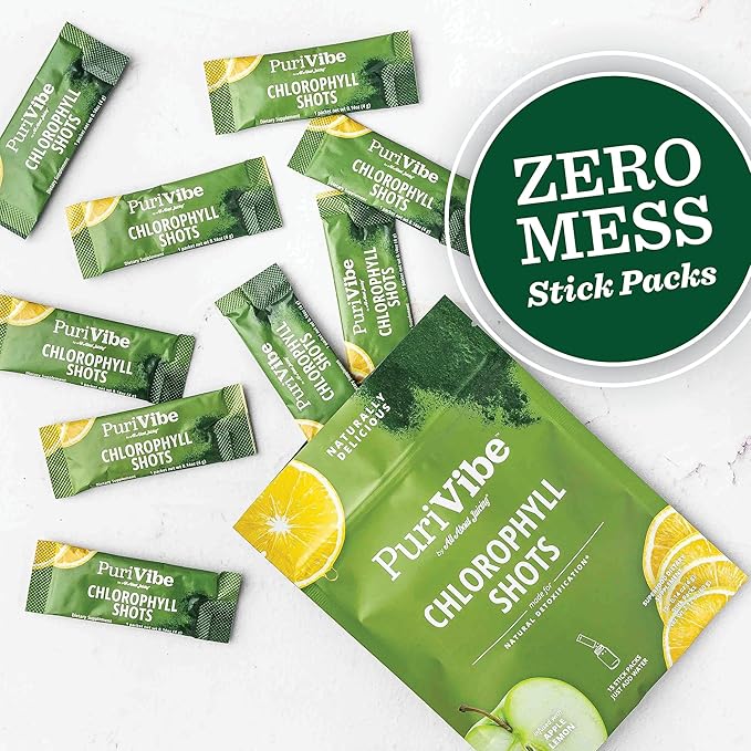 All About Juicing PuriVibe Chlorophyll Shots | Superfood Juice Powder, Wellness Shot Supplement - 2X Strength - Green Juice - Infused with Lemon & Apple - 15 Stick Packs