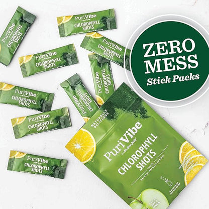 All About Juicing PuriVibe Chlorophyll Shots | Superfood Juice Powder, Wellness Shot Supplement - 2X Strength - Green Juice - Infused with Lemon & Apple - 15 Stick Packs