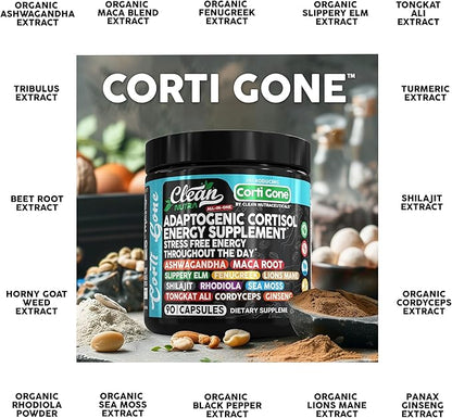 Corti Gone Cortisol Supplements For Women | Maca Root Ashwagandha Cortisol Detox Manager Reducer + Slippery Elm Fenugreek Lions Mane Shilajit Rhodiola Sea Moss Tongkat Ali Cordyceps Ginseng Beet Root