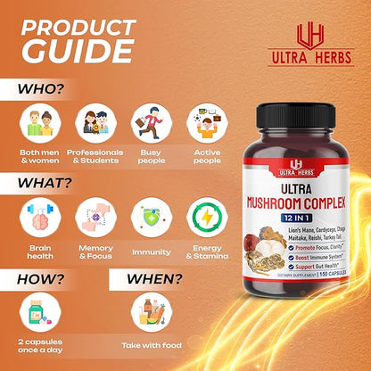 Ultra Mushroom Supplement Complex w Lion's Mane Cordyceps Maitake - 8 in 1 Mushroom Brain Supplements for Enhanced Clarity and Focus | 150 Capsules