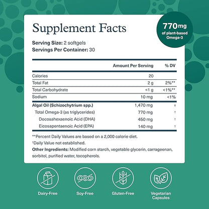 Youtheory Ocean-Friendly Omega - Vegan Algae Omega 3 Softgel - with EPA & DHA - Heart, Eye & Brain Health - Recyclable Aluminum Container - Gluten, Soy & Dairy Free - 60 Softgels