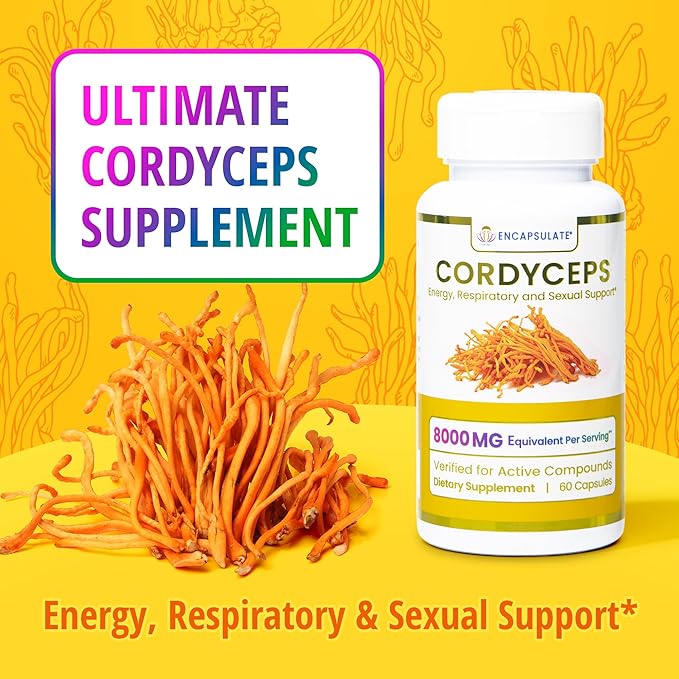 ENCAPSULATE Cordyceps Capsules 8:1 Extract – Premium Organic Fruiting Body 8:1 Mushroom Extract – Adaptogen Mushroom Supplement for Performance, Energy, Stamina & Immune Support – 60 Vegan Capsules