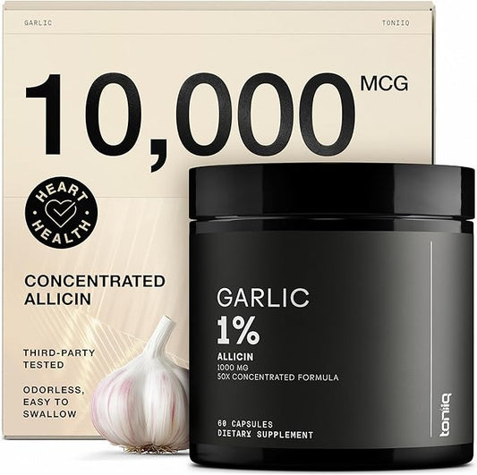 Garlic Capsules with 10,000mcg Allicin - Odorless - 50:1 Extract for Maximum Potency - Third-Party Lab Tested - 60 Vegetarian Capsules