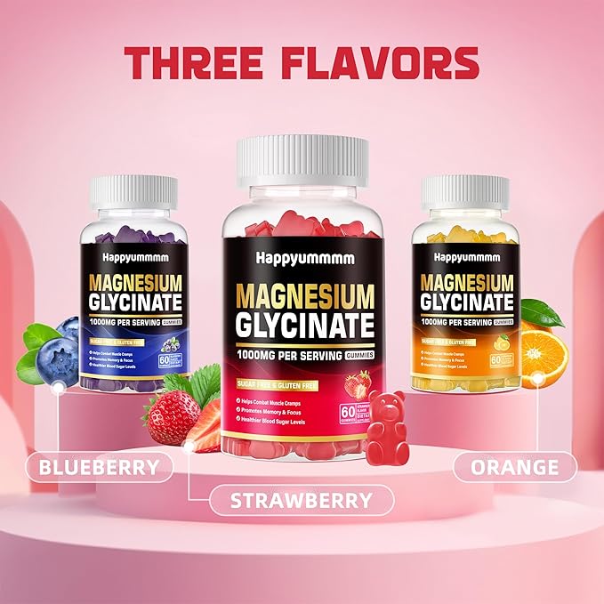 Magnesium Glycinate Gummies 1000mg - Sugar Free Magnesium Potassium Supplement with Vitamin D, B6, CoQ10 for Calm Mood & Sleep Support - 60 Strawberry Gummies.
