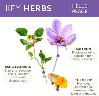 Himalaya Hello Peace, Daily Stress Relief Herbal Supplement, Ashwagandha, Turmeric, Saffron, Eases Nervousness, Relaxation and Calm, Balances Cortisol, Non-GMO, Vegan, 60 Capsules, 30 Day Supply