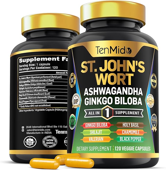 St.John's Wort Supplement - 8in1 Formula - Combine with Ashwagandha, Ginkgo Biloba, Shilajit, Valerian, Holy Basil, Chamomile, and Black Pepper - 120 Vegan Capsules for 4 Months Supply
