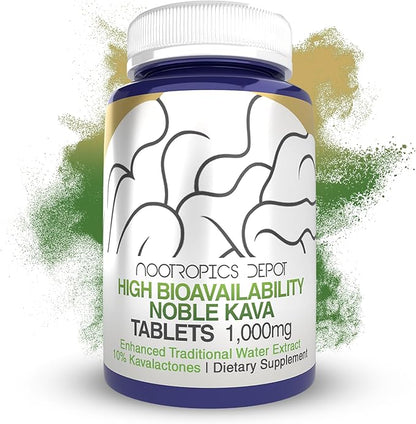 Nootropics Depot High Bioavailability Noble Kava Tablets | 1,000mg | 30 Count | Minimum 10% Kavalactones | Enhanced Traditional Water Extract